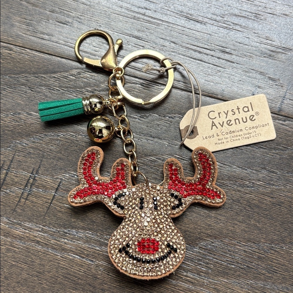 Crystal Avenue Reindeer keychain,bag charm,rhinestones,felt back,tassle